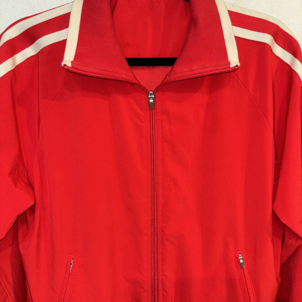ATHLETA Women Circa Track Red W/white Arm Stripes Zip Pockets Mock Neck Jacket S